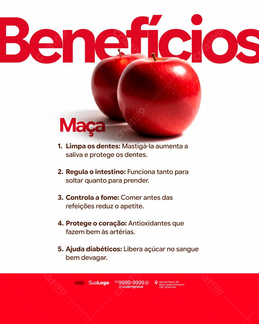 Post Instagram Benefícios Maçã Nutrição PSD Editável