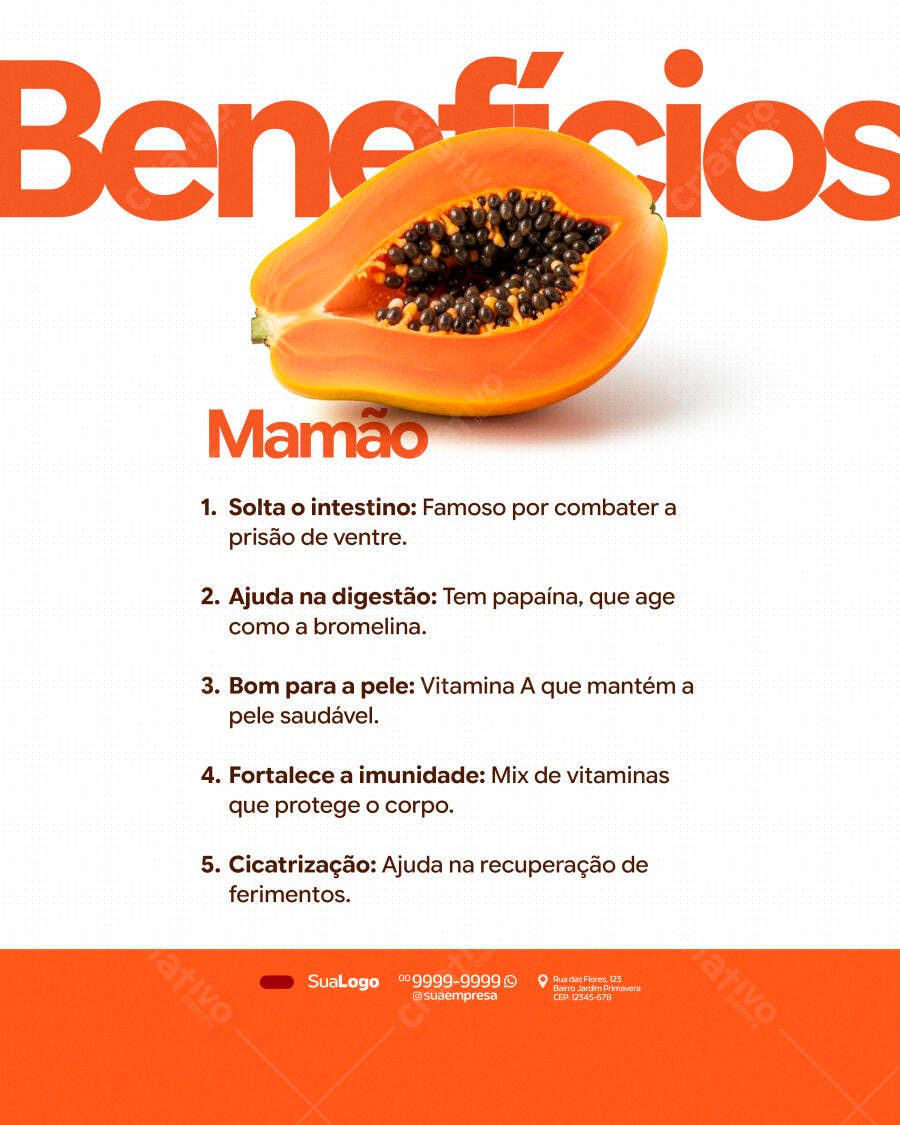Post Instagram Benefícios Mamão Nutrição PSD Editável