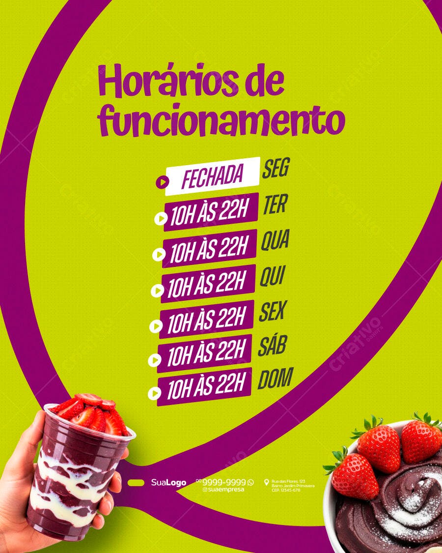 Post Instagram Horário Funcionamento Açaí Sorveteria PSD Editável