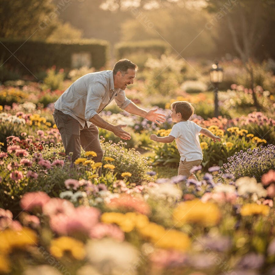 Foto Pai e Filho Brincando Campo de Flores Dourado