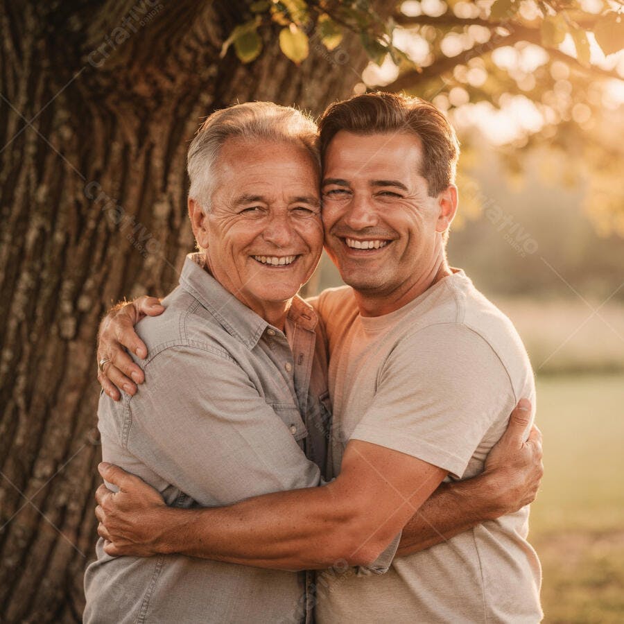 Foto Pai e Filho Adultos Abraçados Sorrindo ao Ar Livre