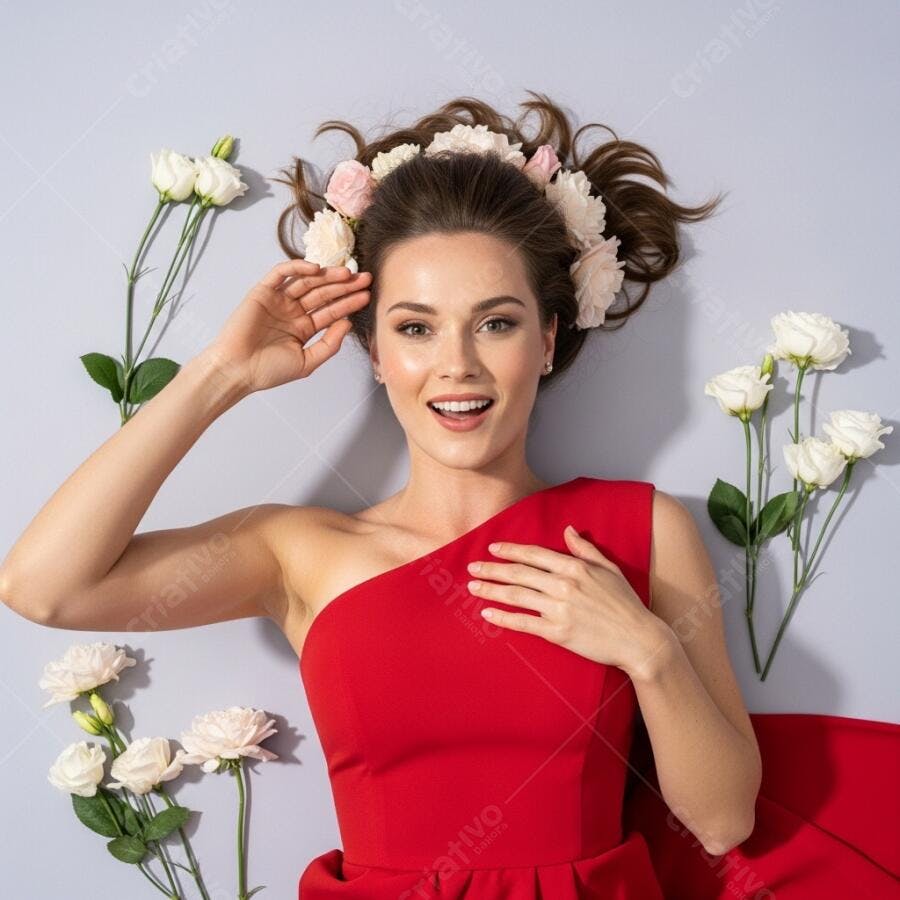 Foto Mulher Jovem Sorrindo Flores Cabelo Vestido Vermelho