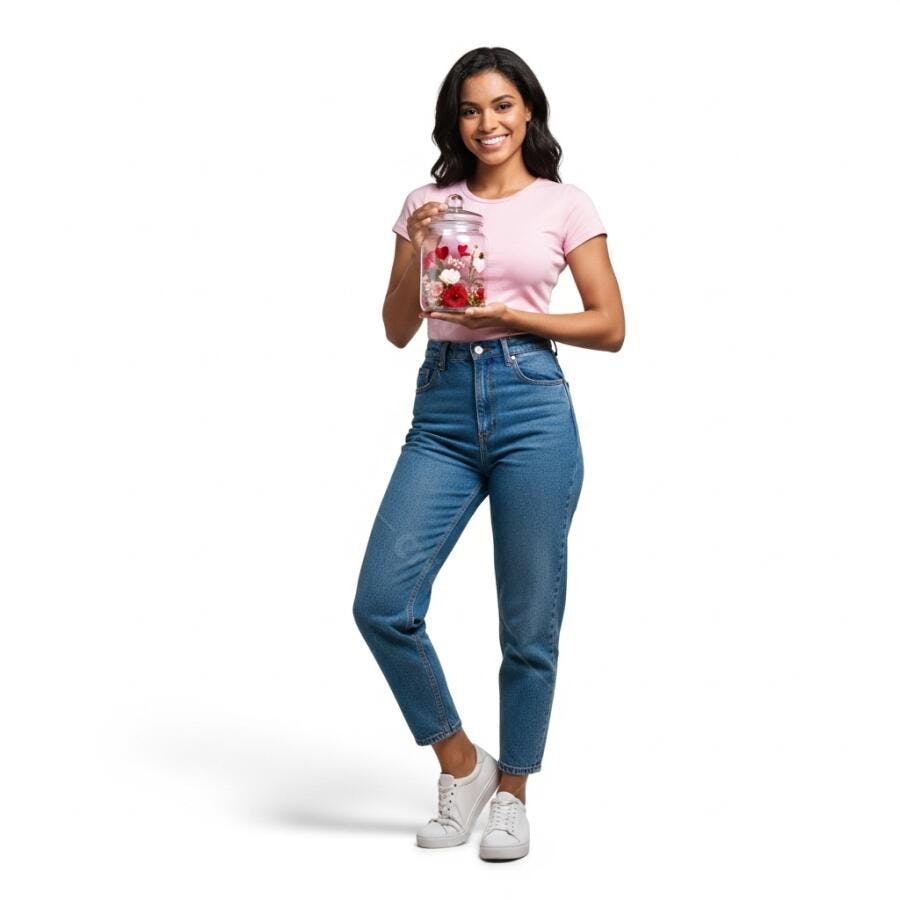 Foto Mulher Jovem Sorrindo Segurando Pote de Doces Estúdio