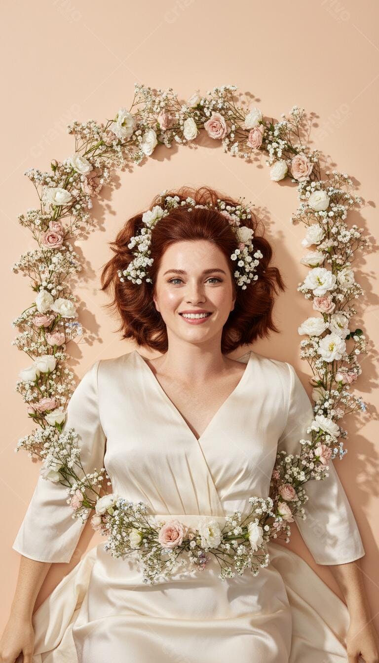 Foto Mulher Ruiva Sorrindo Flores Brancas Rosas Fundo Pêssego