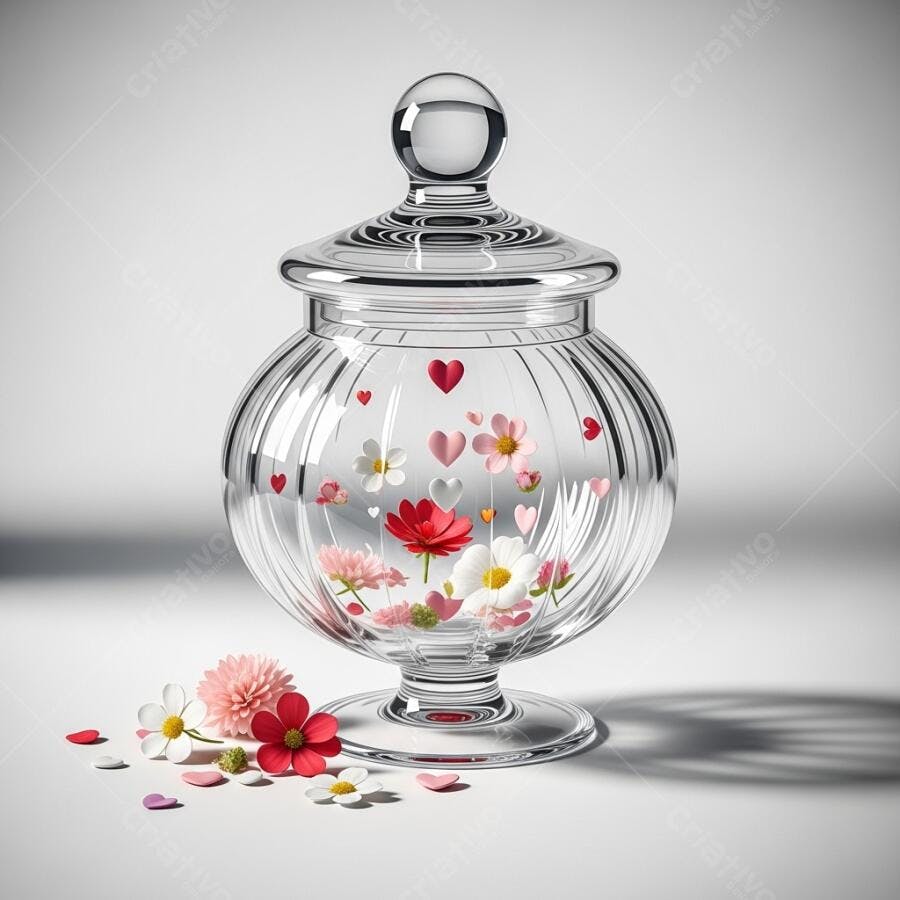 Foto Pote de Vidro Transparente Flores Corações Fundo Branco