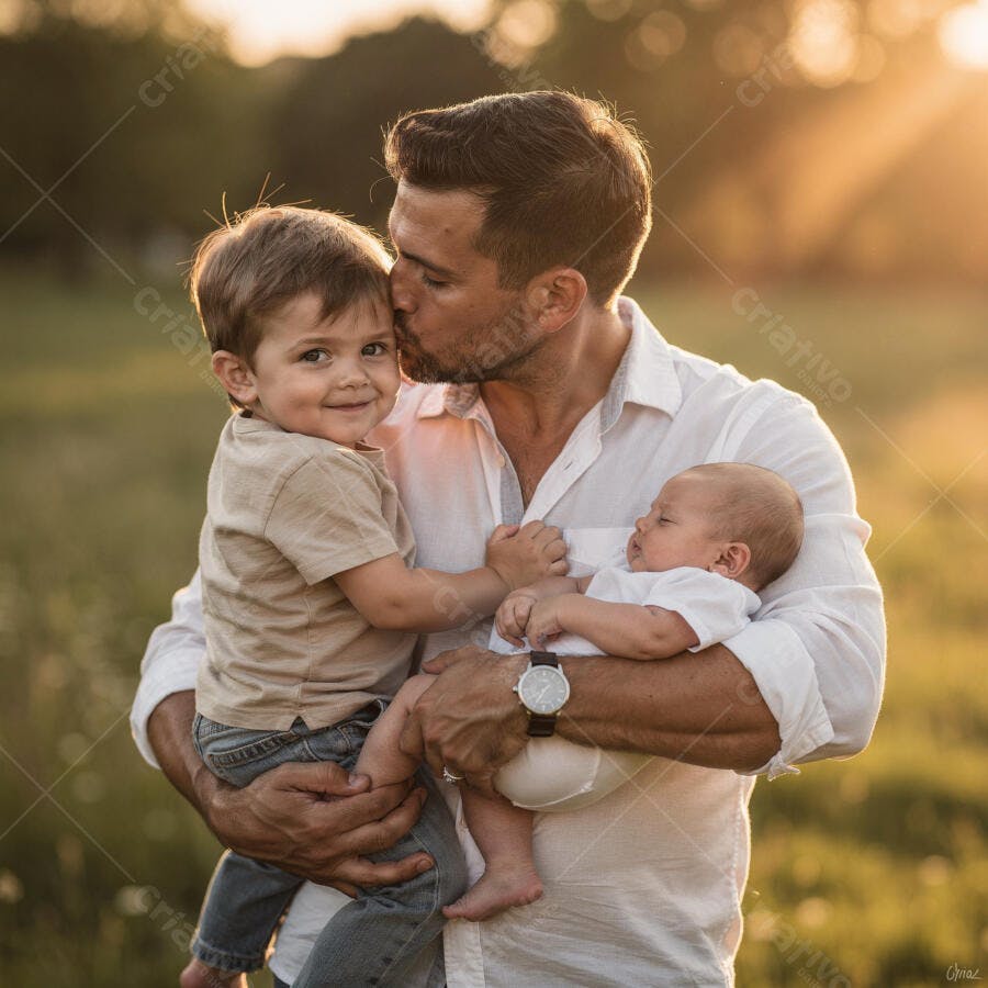Foto Pai Beijando Filho e Segurando Bebê Recém-Nascido Campo Dourado