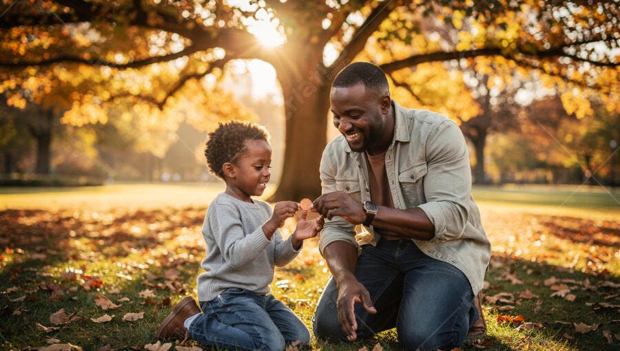 Foto Pai e Filho Negros Brincando Parque Outono Dourado