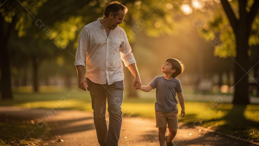 Foto Pai e Filho Caminhando de Mãos Dadas Parque Pôr do Sol