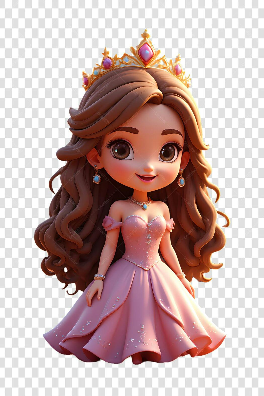 Personagem Ilustrado Princesa Vestido Rosa Coroa PNG Fundo Transparente