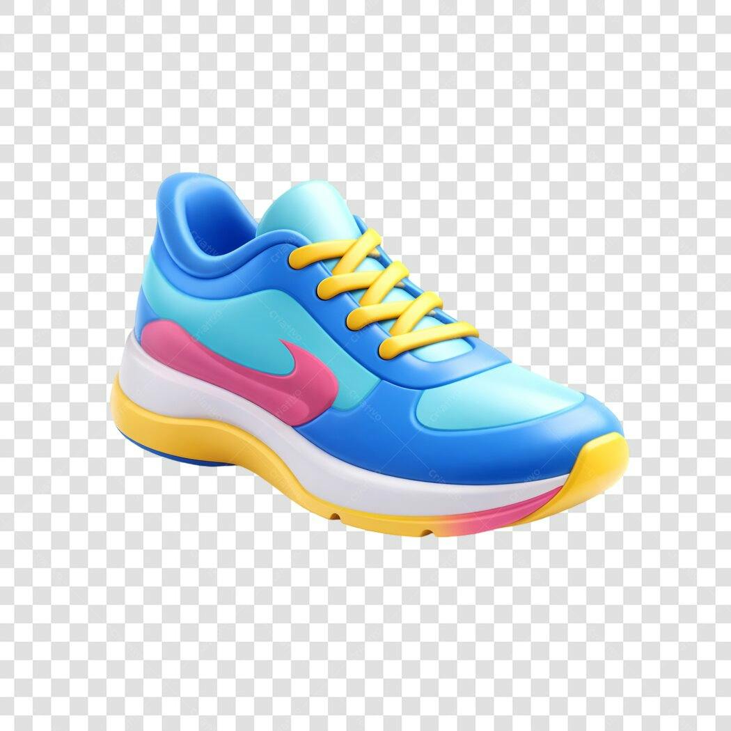 Elemento 3D Tênis Esportivo Azul Rosa Amarelo PNG Fundo Transparente