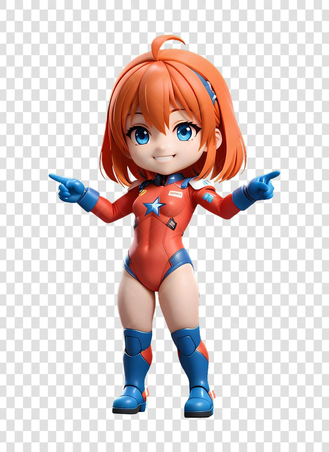 Personagem 3D Anime Super-Heroína Laranja Azul PNG Fundo Transparente
