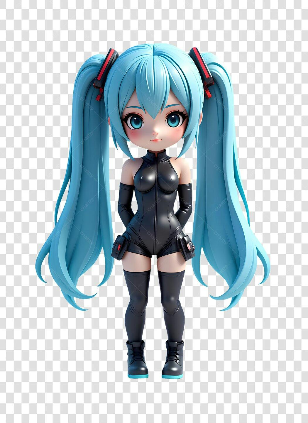 Personagem 3D Anime Miku Cabelo Azul PNG Fundo Transparente
