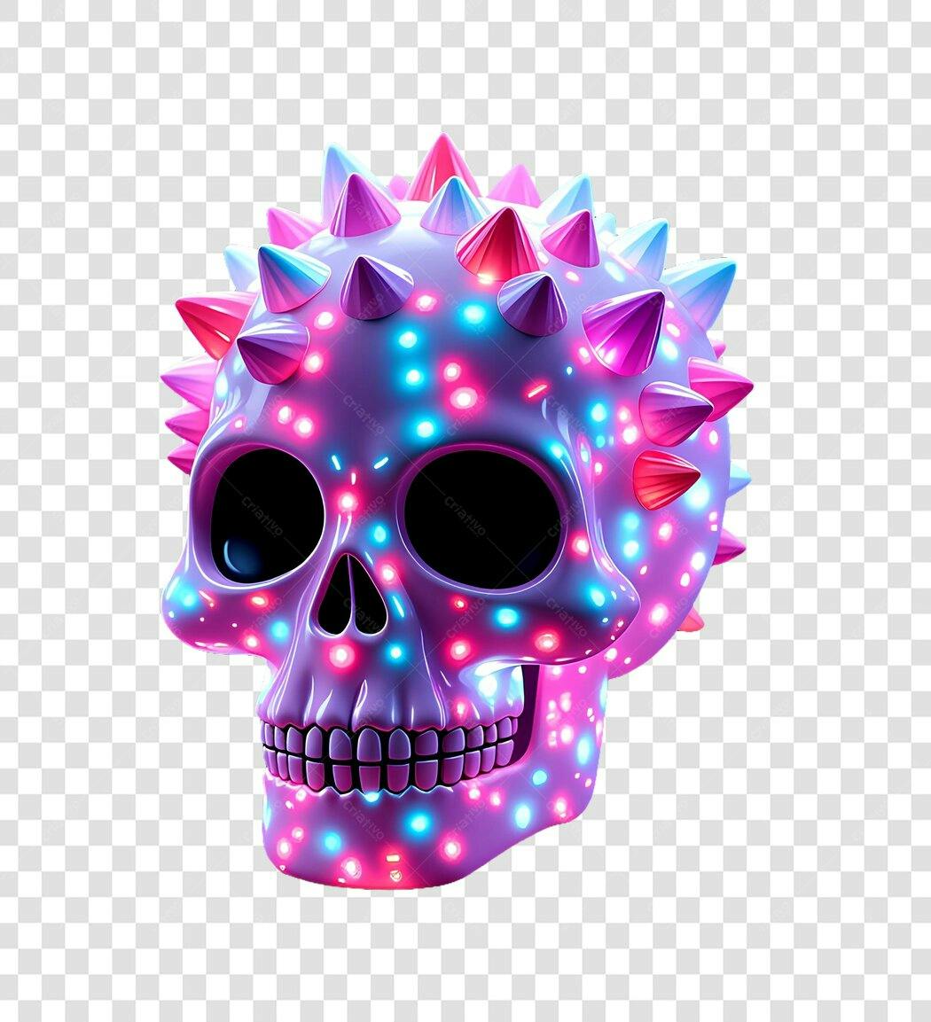 Elemento 3D Crânio Neon Espinhos Halloween PNG Fundo Transparente