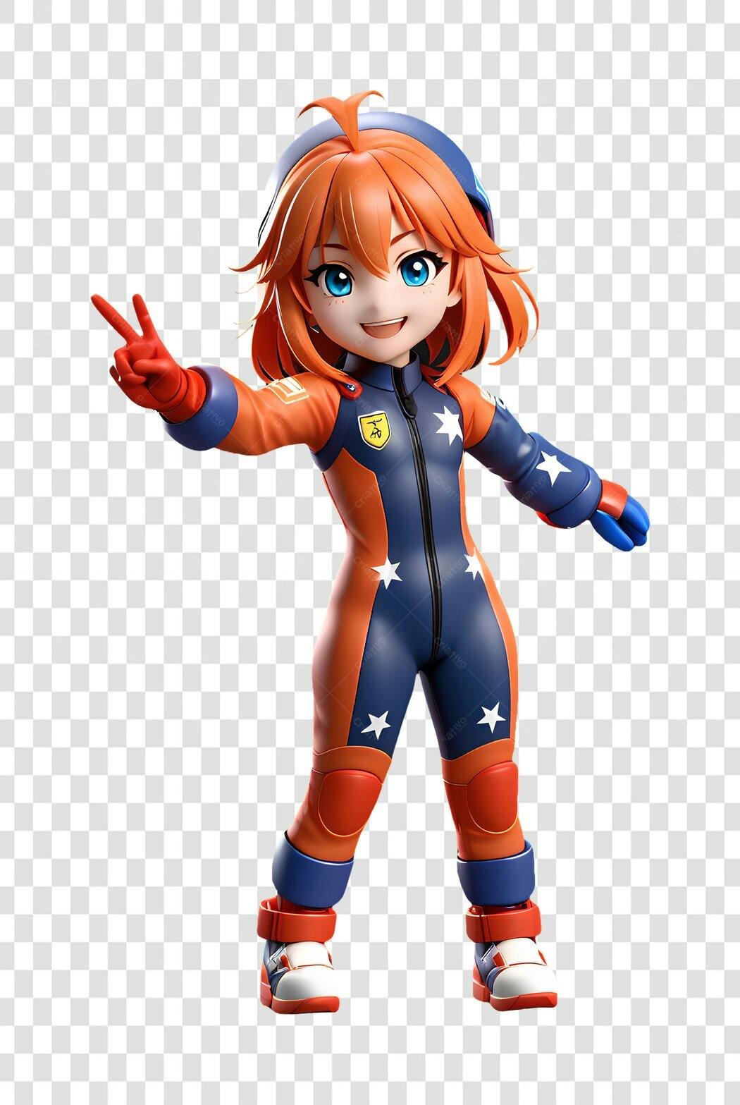 Personagem 3D Menina Anime Laranja Azul PNG Fundo Transparente