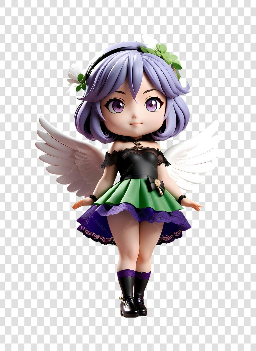 Personagem 3D Anime Chibi Anjo Roxo Verde PNG Fundo Transparente