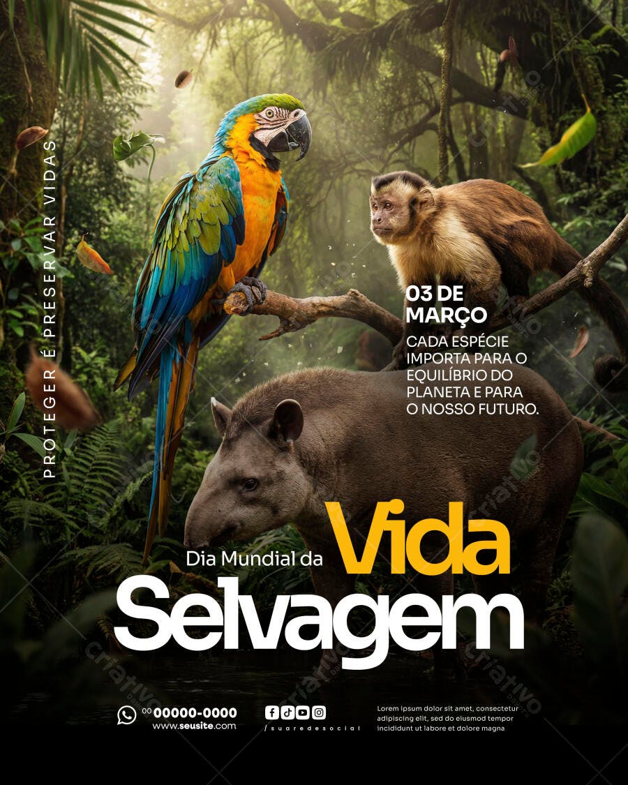 Post Dia Mundial da Vida Selvagem Março PSD Editável