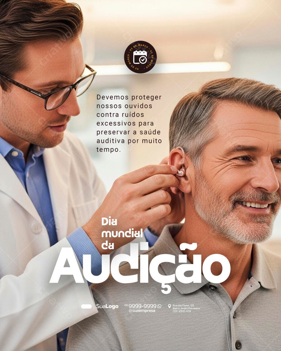 Post Instagram Dia Mundial da Audição Clínica Médica PSD Editável