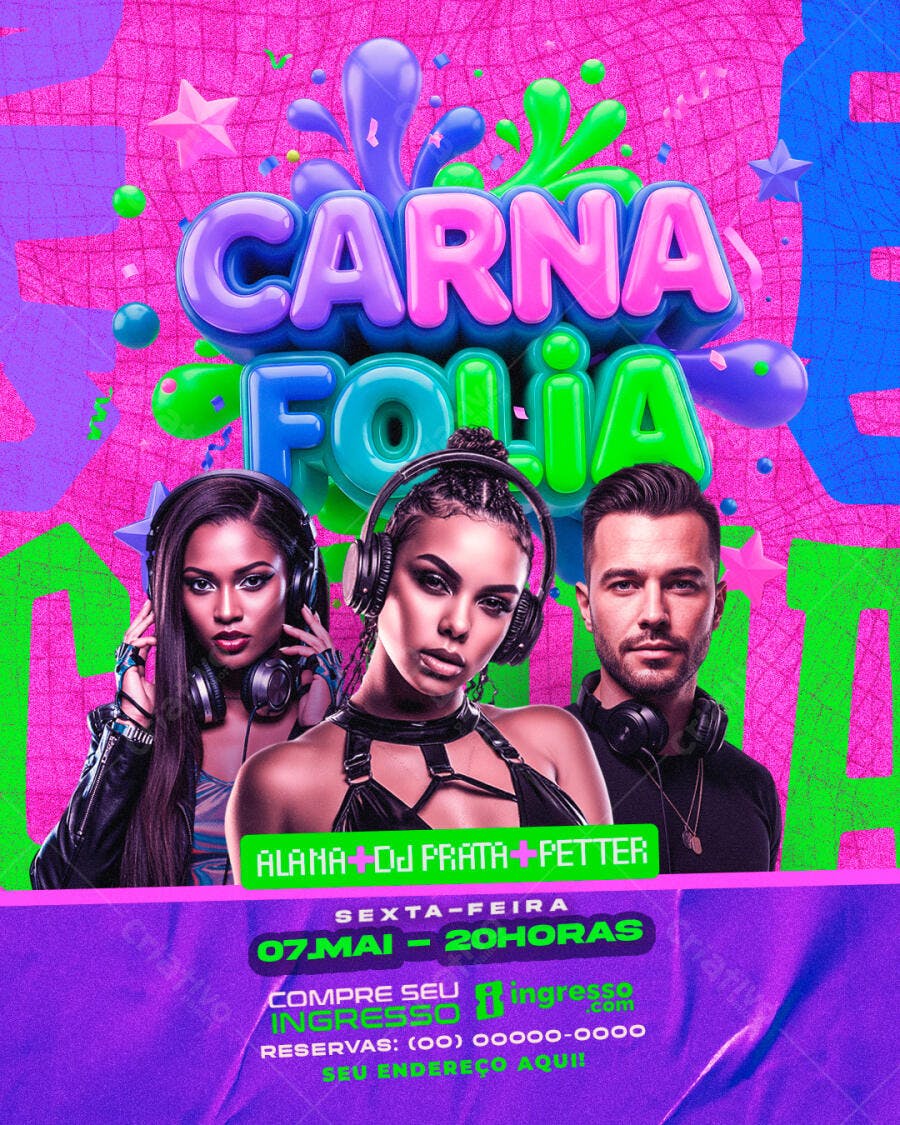 Flyer Carnafolia Festa Balada DJ PSD Editável