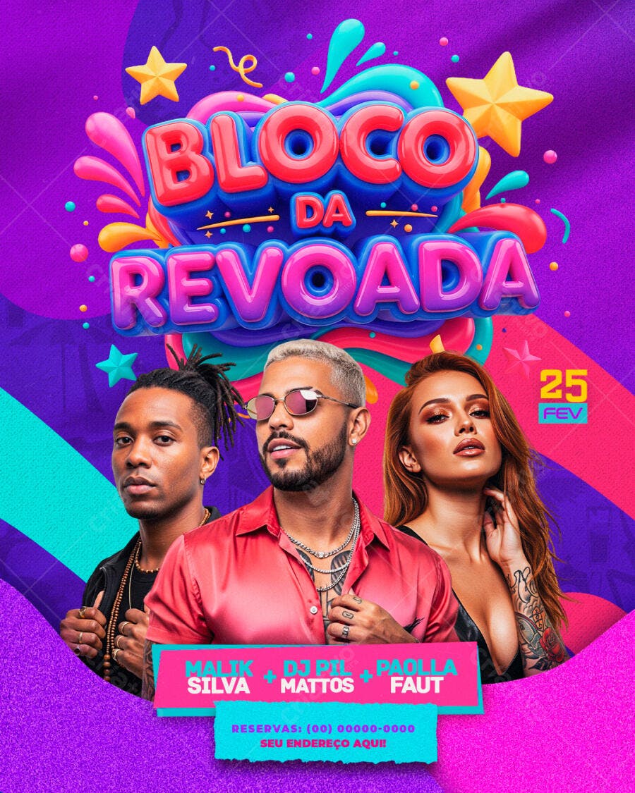 Flyer Bloco da Revoada Carnaval Fevereiro PSD Editável