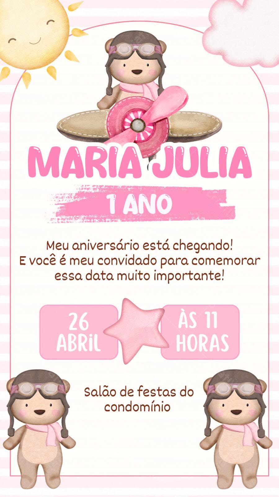 Convite Aniversário Ursinha Aviadora 1 Ano Rosa Editável