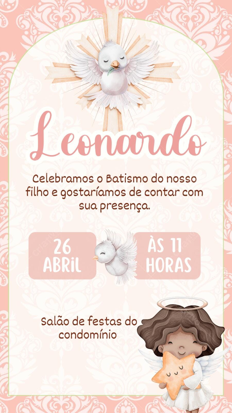 Convite Batizado Anjo e Pomba Rosa Editável
