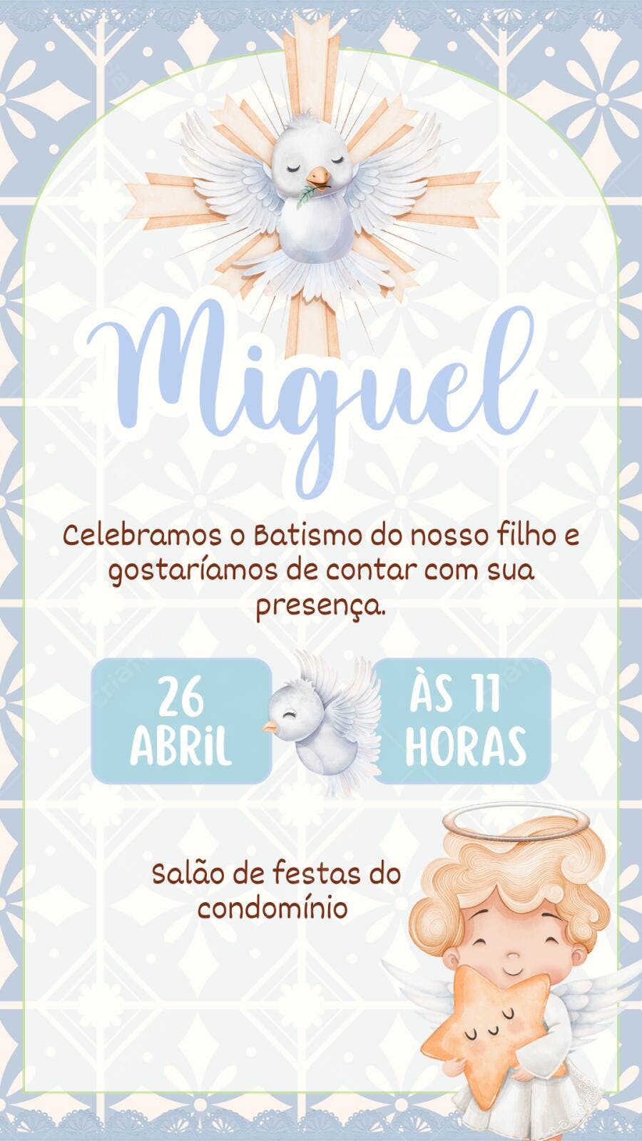 Convite Batizado Menino Pomba Anjo Azul Editável