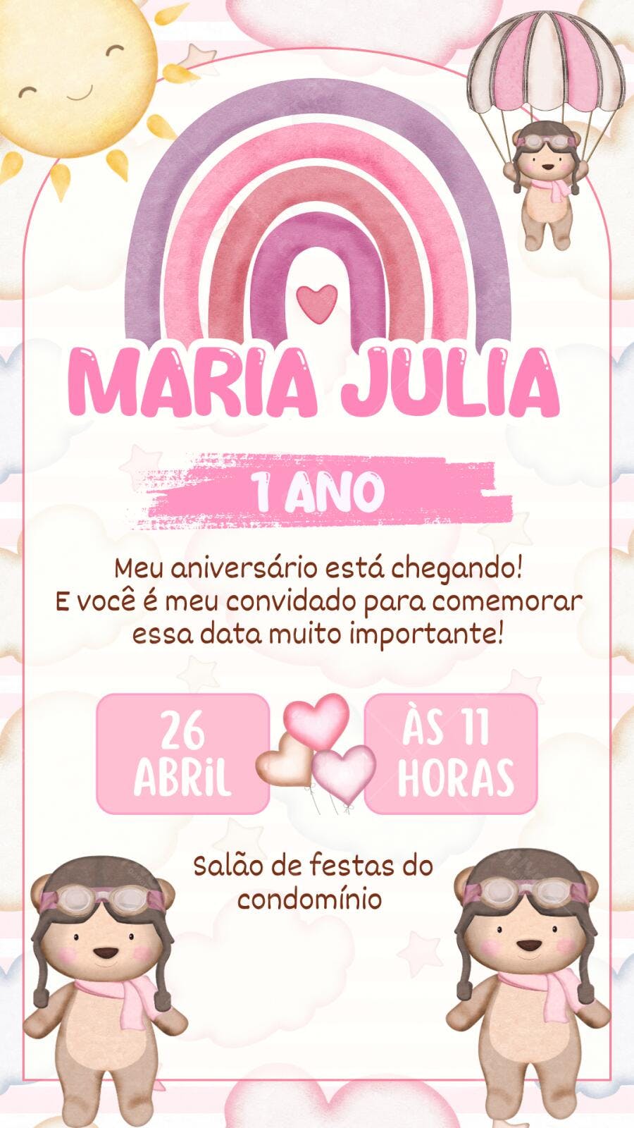 Convite Aniversário Ursinho Aviador Arco-íris 1 Ano Editável