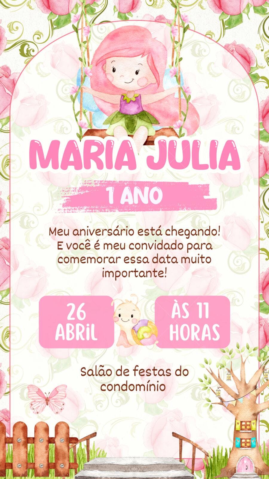 Template Canva Convite Aniversário Infantil Fada Rosa Editável