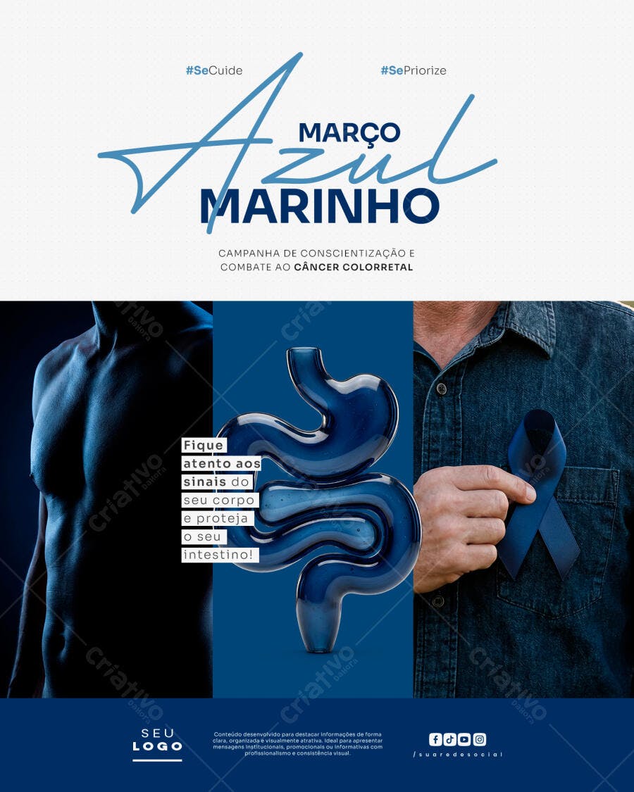 Post Março Azul Marinho Conscientização Câncer Colorretal PSD Editável