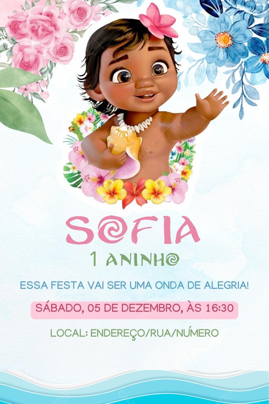 Template Canva Convite Aniversário Moana Bebê Floral Editável