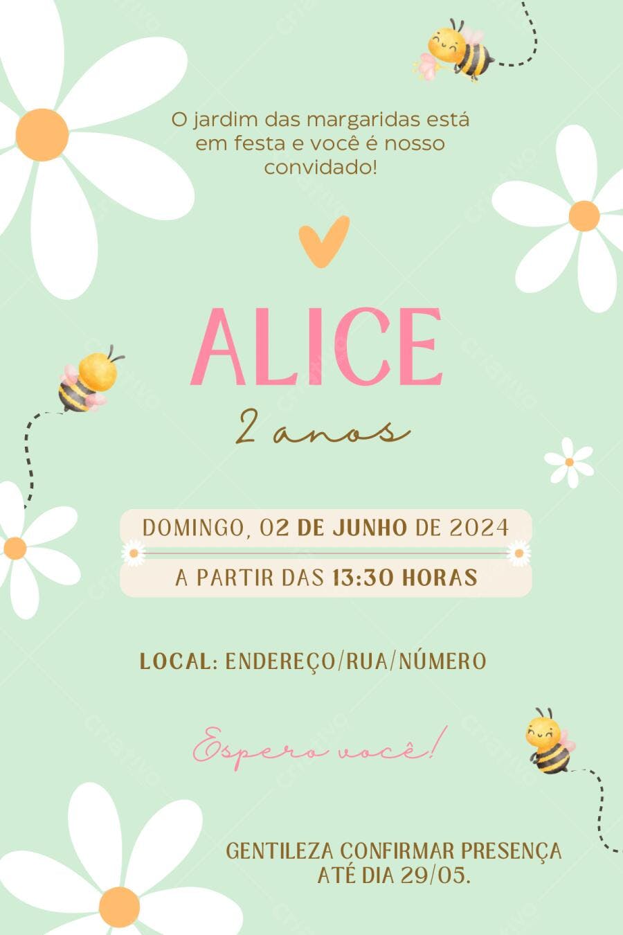 Template Canva Convite Aniversário Infantil Abelhinha Margaridas Editável