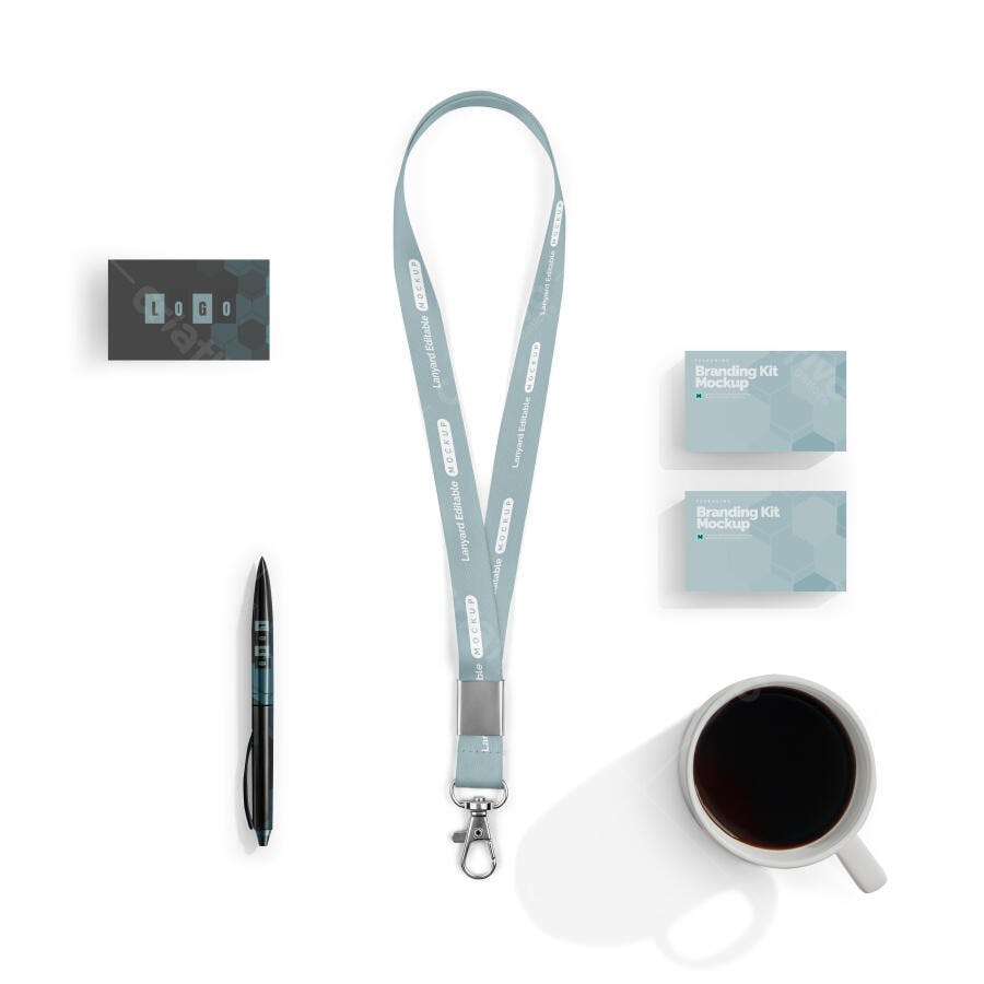 Mockup Crachá Cordão Caneta Cartão Café Flat Lay Editável
