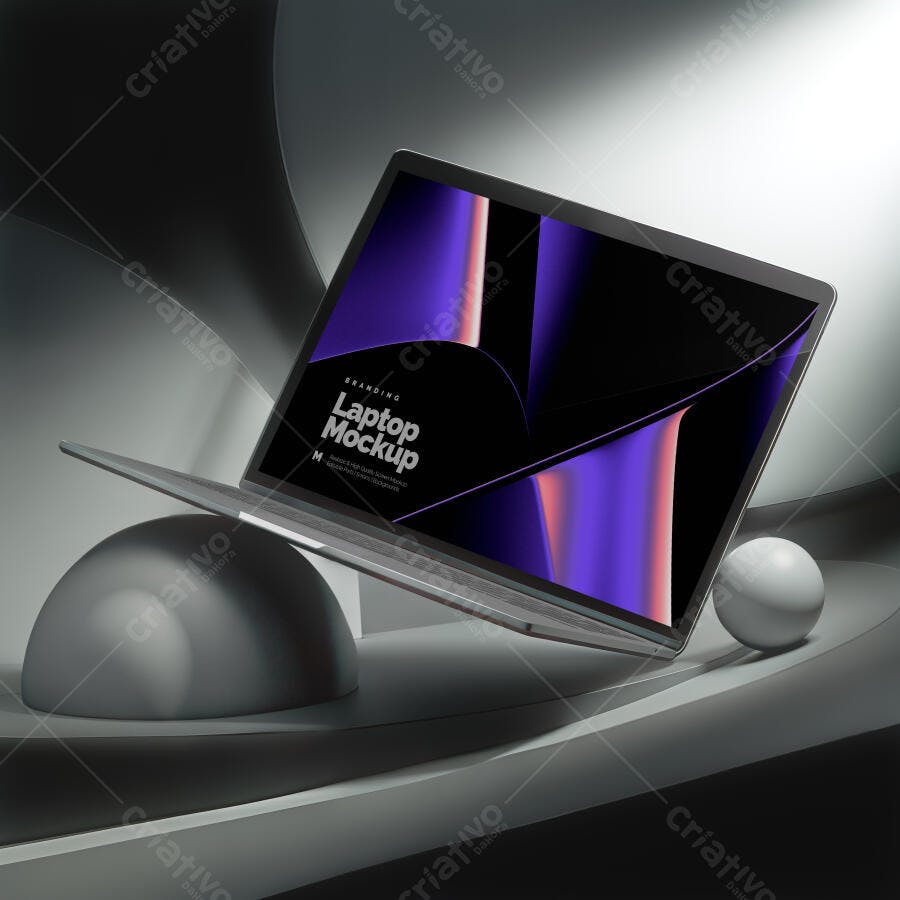 Mockup Notebook Prata Flutuante Cenário Abstrato Editável