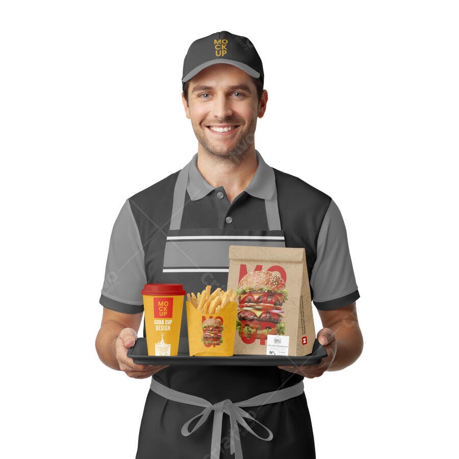 Mockup Entregador Fast Food Bandeja Editável