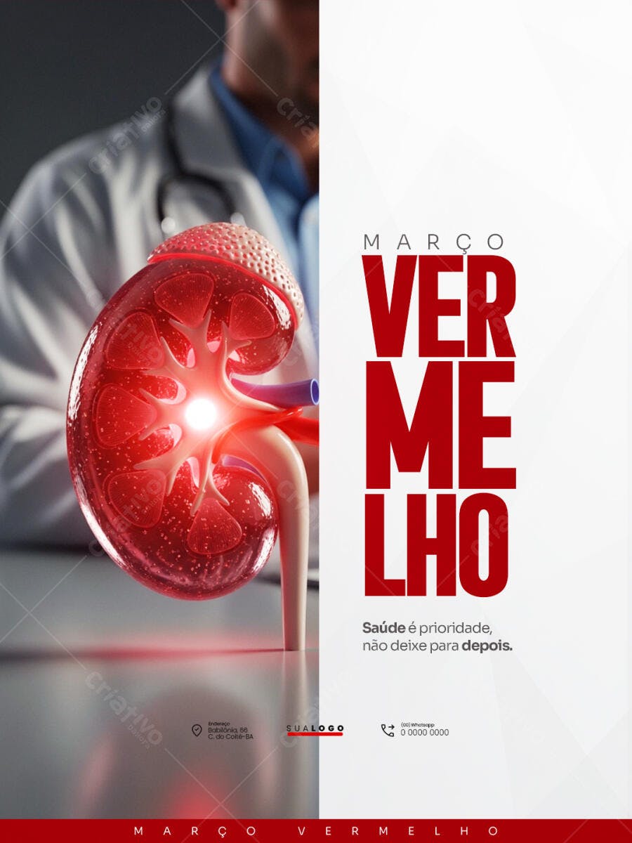 Post Março Vermelho Saúde Renal PSD Editável