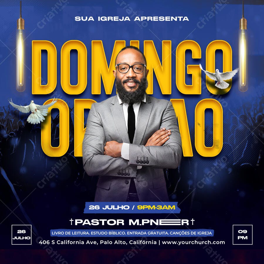 Post Instagram Igreja Culto Domingo PSD Editável