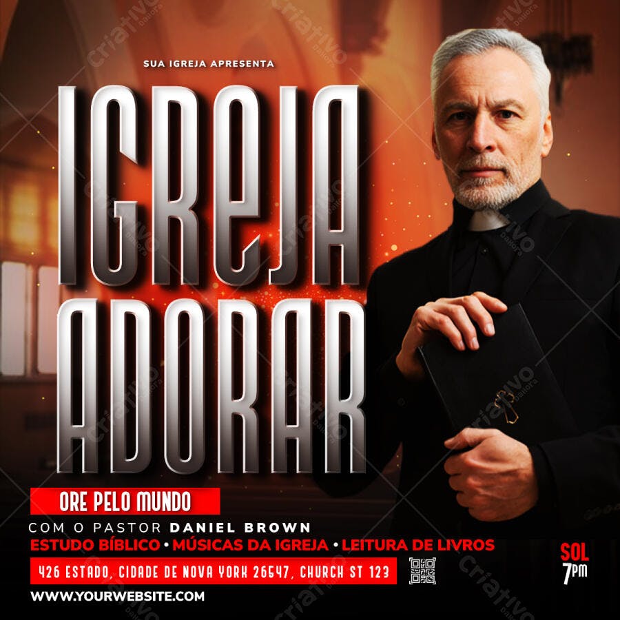 Post Instagram Igreja Adorar Culto PSD Editável
