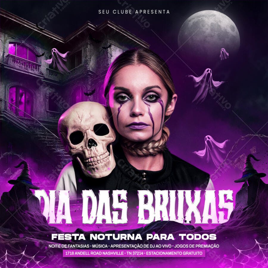 Flyer Dia das Bruxas Halloween Festa Noturna PSD Editável