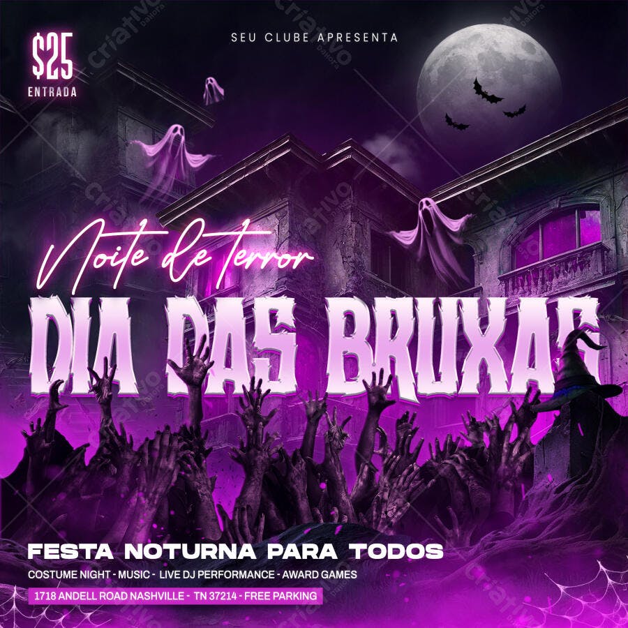 Flyer Dia das Bruxas Noite de Terror PSD Editável