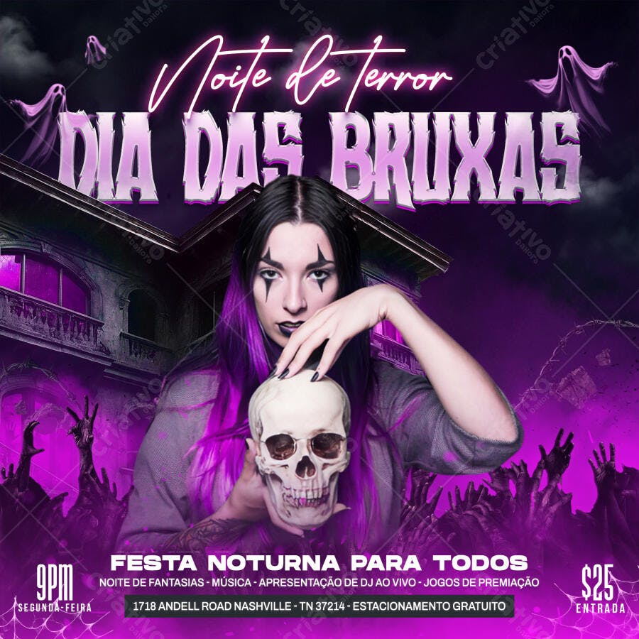Flyer Dia das Bruxas Halloween Festa Noturna PSD Editável