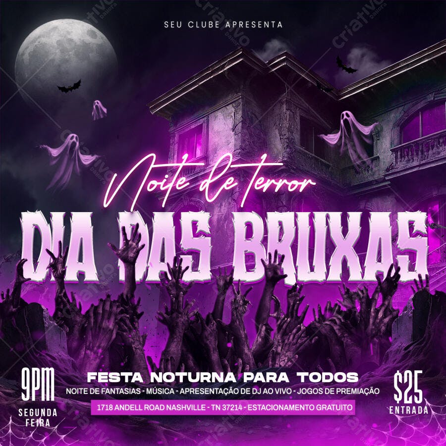 Flyer Halloween Dia das Bruxas Festa Noturna PSD Editável