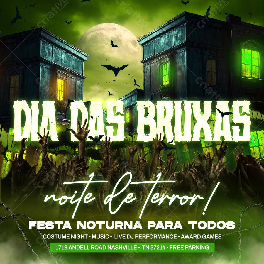 Flyer Dia das Bruxas Halloween Festa Noturna PSD Editável