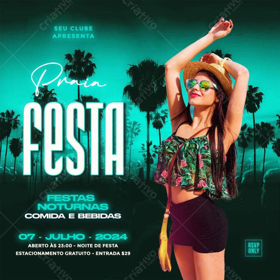 Post Instagram Festa Praia Noturna Julho PSD Editável