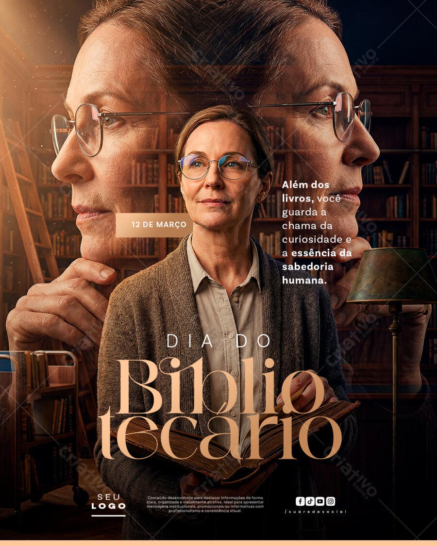 Post Instagram Dia do Bibliotecário 12 de Março PSD Editável