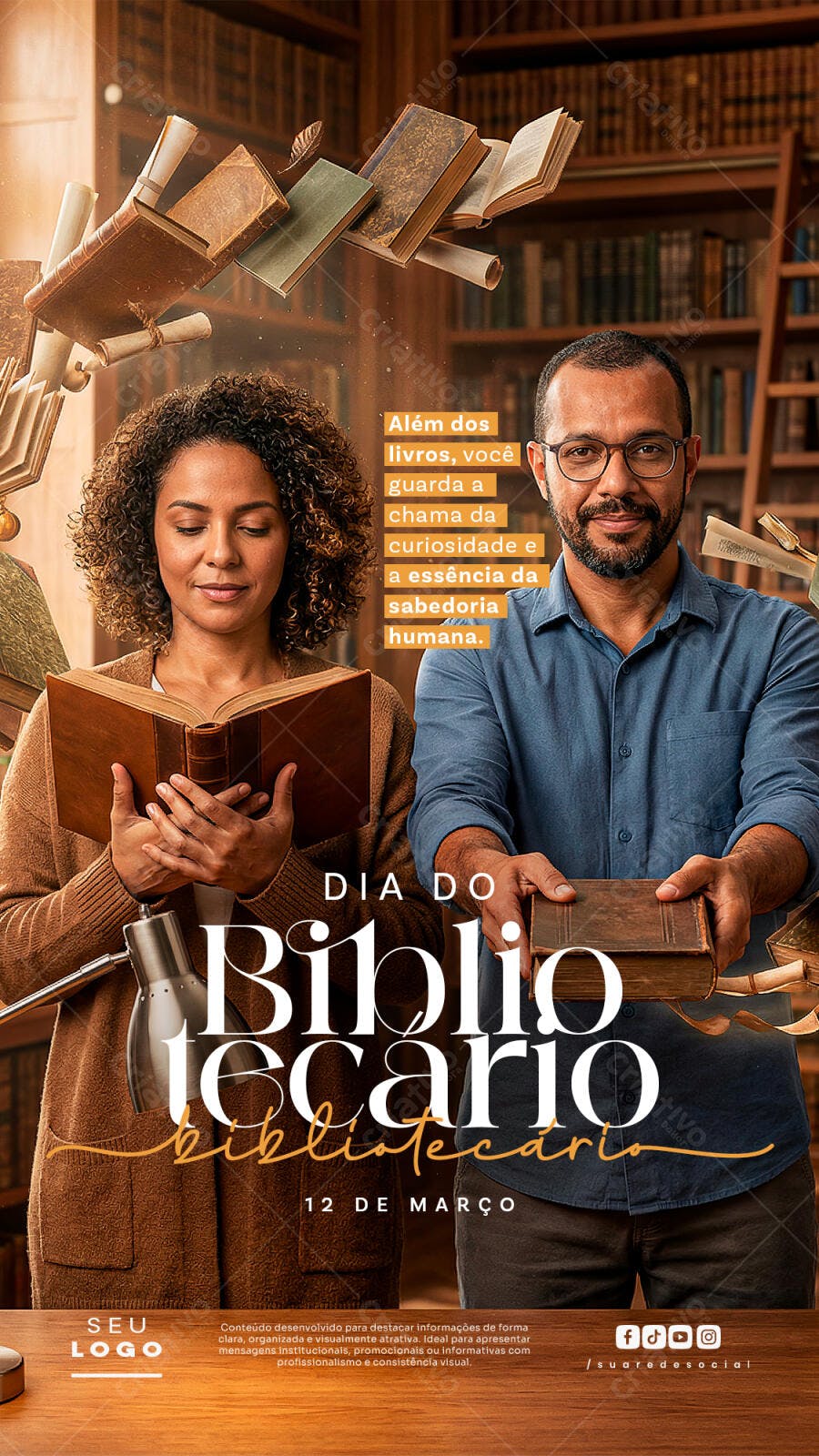Post Instagram Dia do Bibliotecário 12 de Março PSD Editável