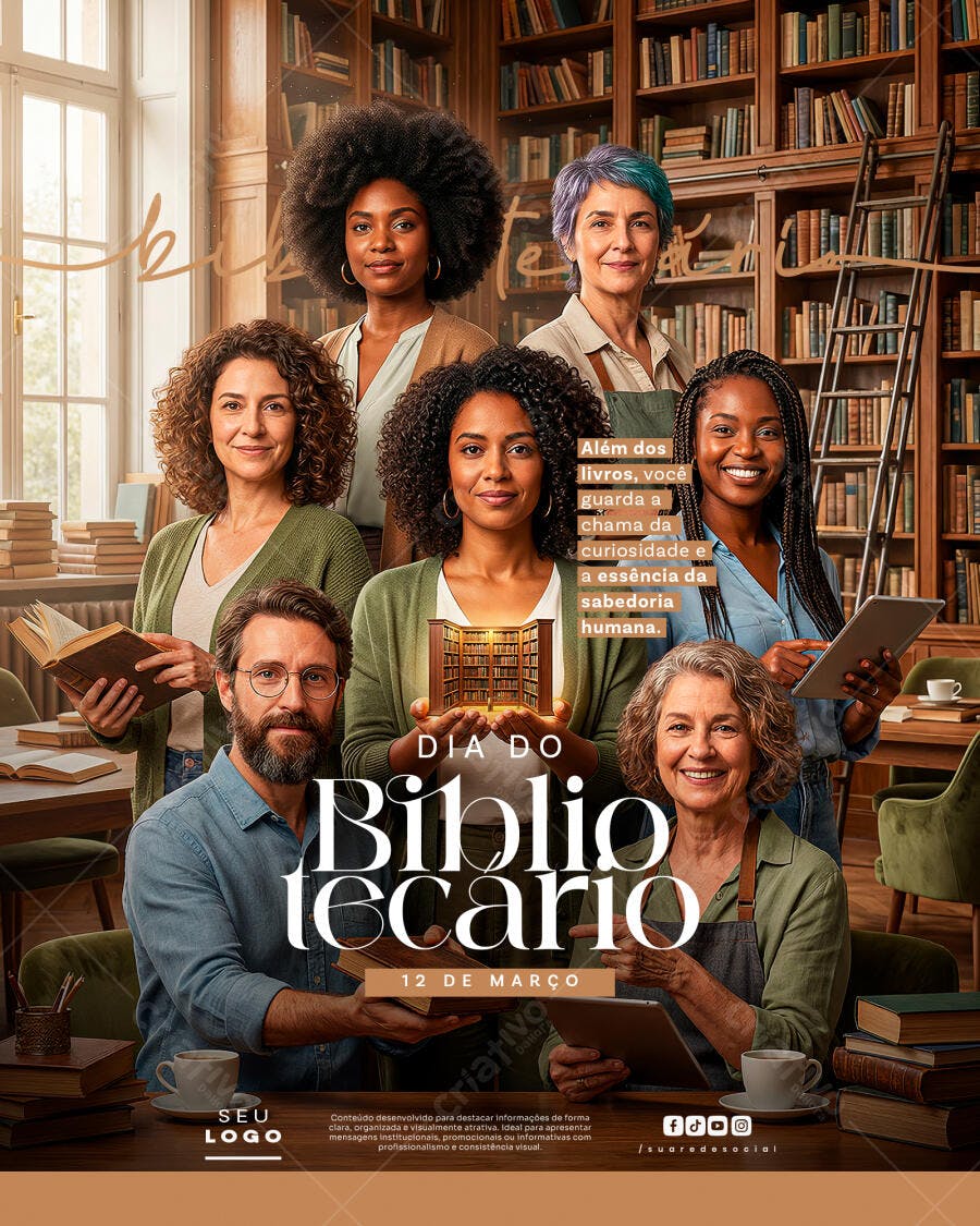 Post Instagram Dia do Bibliotecário 12 de Março PSD Editável