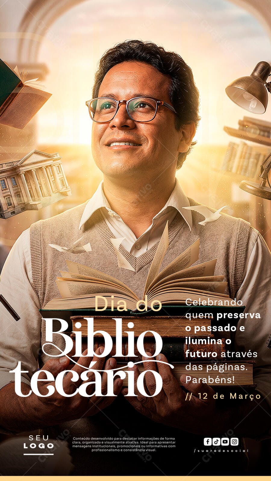 Post Instagram Dia do Bibliotecário 12 de Março PSD Editável