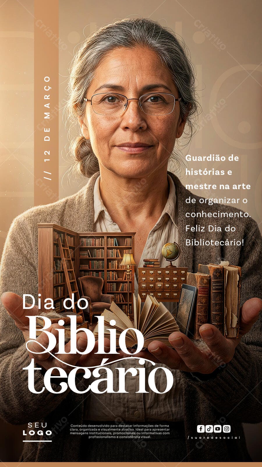 Post Instagram Dia do Bibliotecário 12 de Março PSD Editável