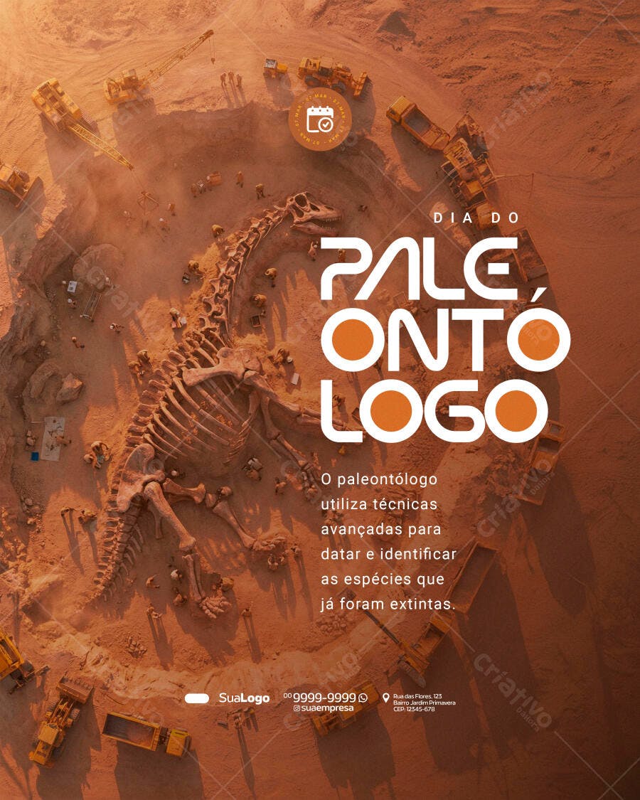 Post Dia do Paleontólogo Esqueletos Dinossauros PSD Editável