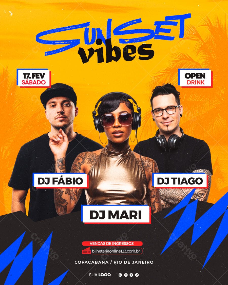 Flyer Festa Sunset Vibes DJs Fevereiro PSD Editável